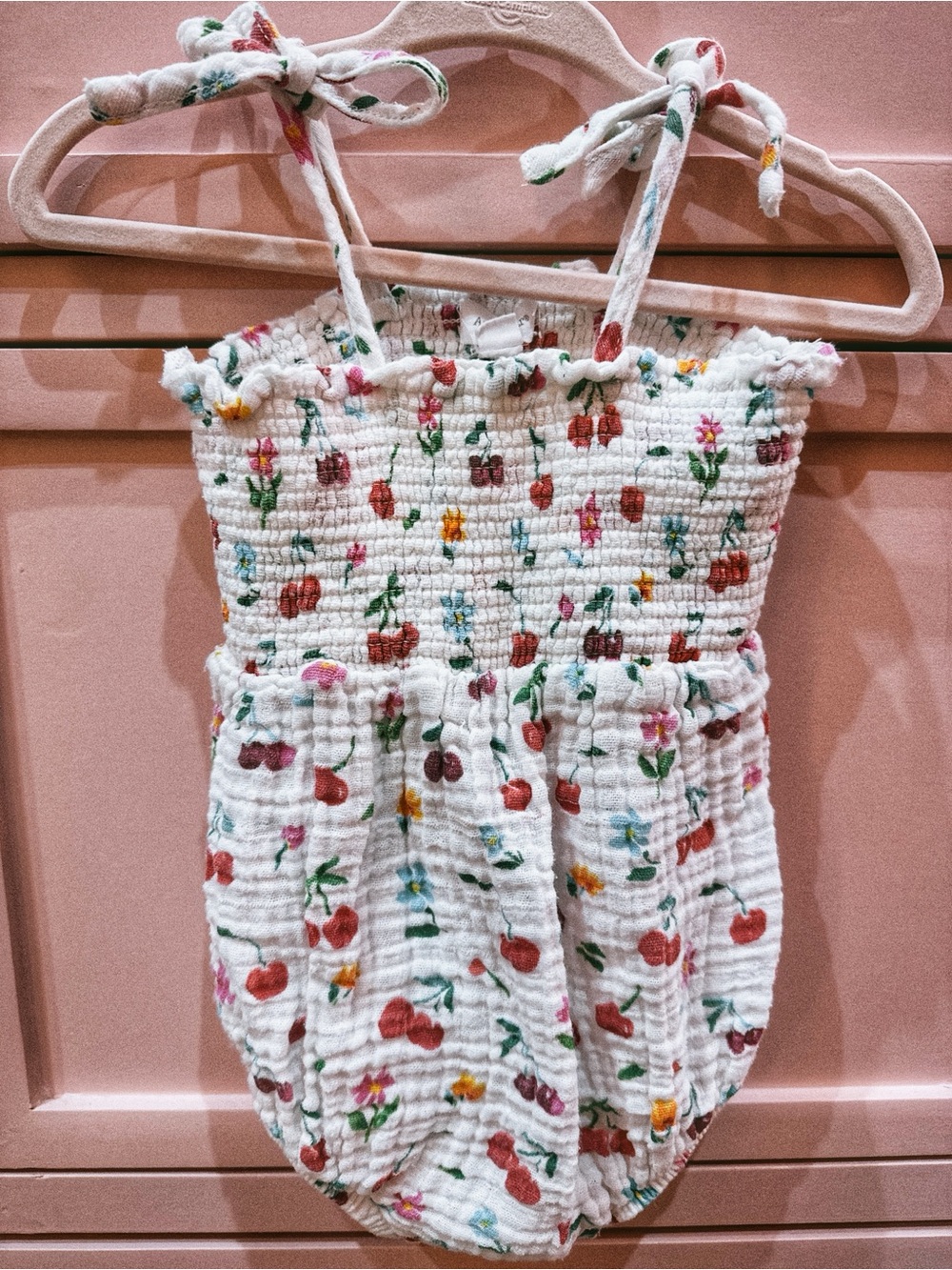 Angel Dear Cherry Tie Strap Smocked Bubble Romper